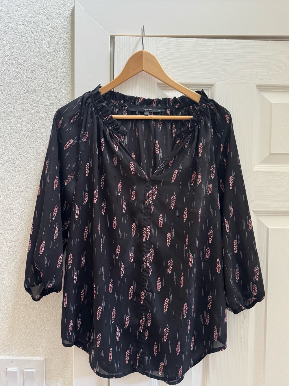 fun 2 fun Black Blouse with Pink Feather Print
